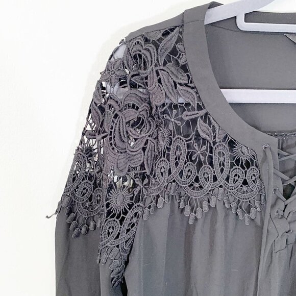 Express black lace detail long sleeve lightweight flowy blouse top shirt - Small - Picture 3 of 9
